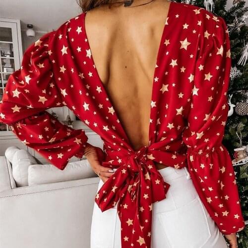 Sexy Crop Top Backless Star Print Shirts Women 2021 Lace Up Red V-Neck Puff Sleeve Woven Womens Blouse Spring Summer Streetwear