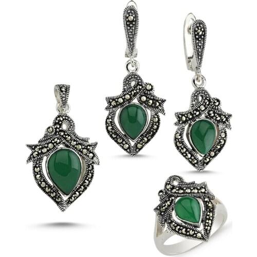 Silver 925 Sterling Marcasite Pendant Earring & Ring Set