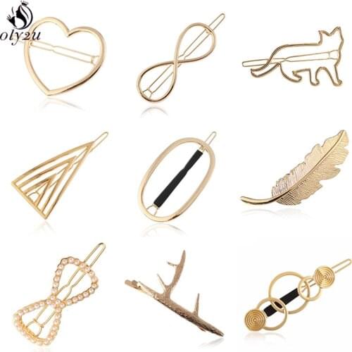 Korean Metal Leaf Hair Clip Barrettes Fashion Geometric Circle Heart Triangle Hairpins for Women Girls Party Hair Accessories