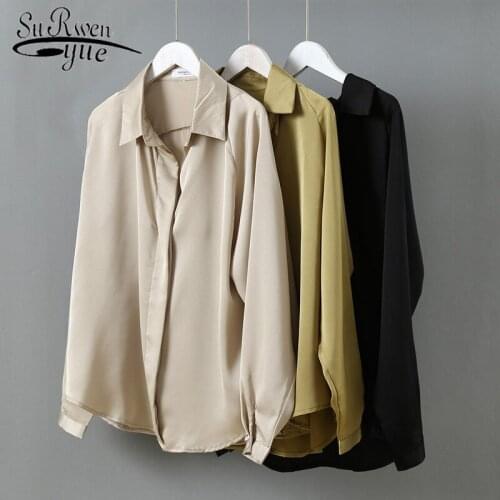Fashion Long Sleeve Solid Turn-down Collar Button Women Tops and Blouses Autumn 2019 New Korean Style Women Silk Shirt 6649 50