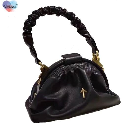 Shell Handbag Mini Women Soft Cowhide Leather Ruched Handle Solid Color Pink Orange Fashion Designer Brand Bag New 2021