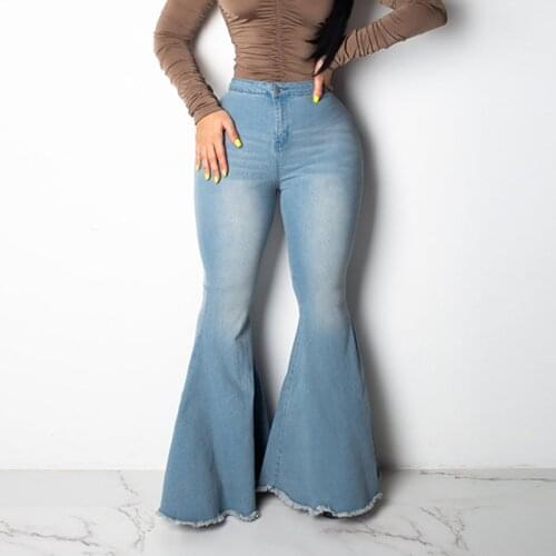 FNOCE 2020 autumn new womens jeans pants street fashion casual solid high waist tight slim Flare Pants full trousers