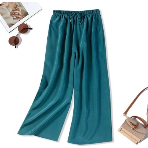 Womens 100% Mulberry Silk blue crepe Silk Elastic Waist wide leg pants Long Pants Trousers JN657