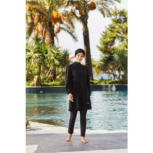 The waist with Flower Detail Black Hijab Swimwear Turkish' Muslim Swimsuit Burkinis Modest Clothing Islamic Long Sleeves Hijab Full Cover S