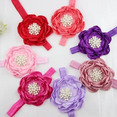 20 pcs/lot , Satin Flower Burned Edge Flower Headband, Rhinestone and Pearl Flower Headband
