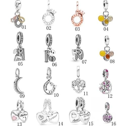 5PCS Wholesale Silver Plated Metal Crystal Number Moon Family Heart Charms Fit DIY European Bracelet Women Men Jewelry Making