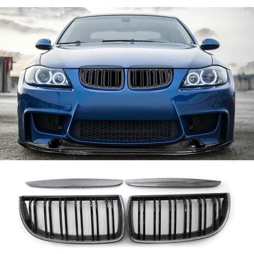 Car Carbon Fiber Look Front Kidney Grille Dual Slats Grill for BMW 3 Series E90 E91 2005-2008