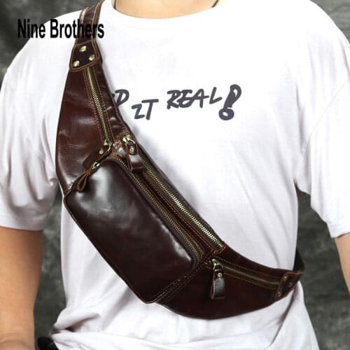 Brand Designer Men Leather Chest Bag Natural Leather Mans Waist Bag Sport Cellphone Purse Boys Belt Bag Cross Shoulder Purse