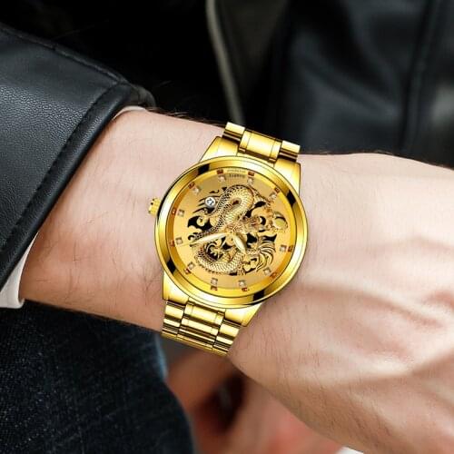 Luxury Men Quartz Watch Golden 3D Dragon Diamond Dial Date Business Alloy Wristwatch Men Analog Clock Male Wrist Watches For Men
