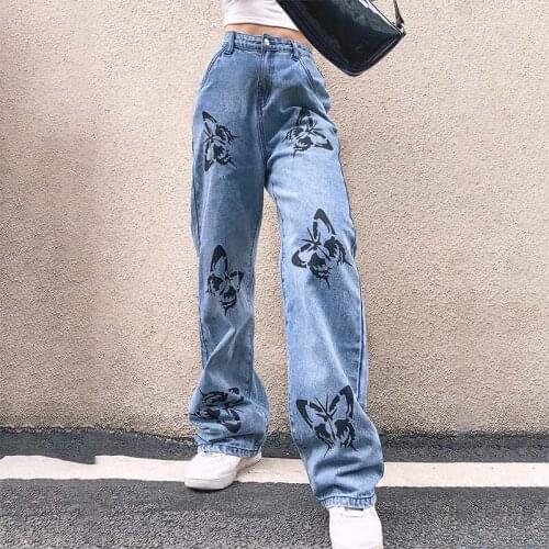 2021 High Waist Pencil Pants Jeans Women Comfortable Fashion Casual Loose Butterfly Print Mom Jeans Washed Boyfriend Jeans New