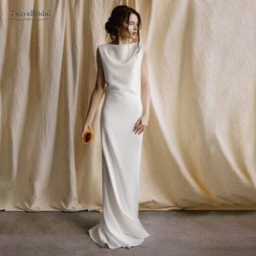 Elegant Simple Satin Wedding Dresses 2021 Classic Backless Sheath Spring Summer Wedding Bridal Gown SWD042