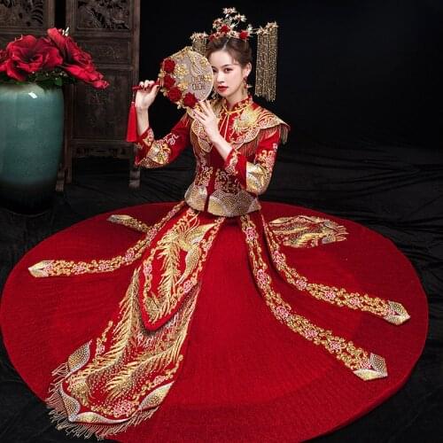 Embroidery Golden Phoenix Chinese Bride Wedding Dress Satin Vintage Cheongsam Oriental Classic Vestidos китайское платье