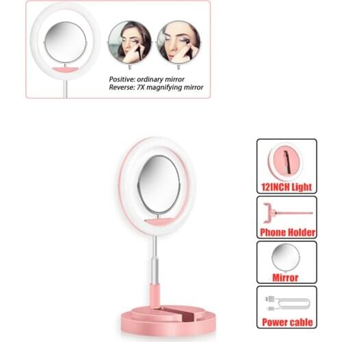 12inch Ring Light Fill LED Light USB Desktop Lamp Dimmable with Mirror ,Phone Holder Extendable Stand for Selfie Makeup