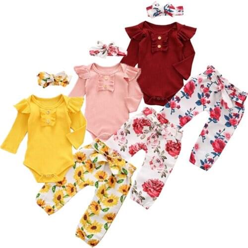 Newborn Baby Girls 3-piece Outfit Set Long Sleeve Romper+Floral Print Pants+Headband Autumn Baby Girl Clothes Set