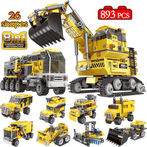 8 in 1 City Engineering Vehicle Excavator Model Building Blocks Deformation Truck Car Tower MOC Bricks Toys for Children Gifts