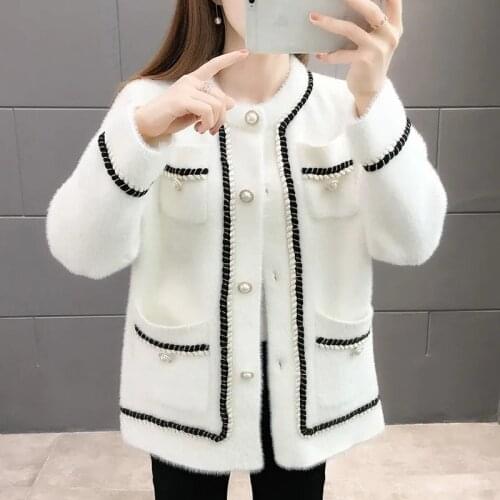 Korean Fashion Fleece Milk Cashmere Sweater Coat Women Elegant Warm Pearl Buttons Cardigan Jacket Autumn Winter Loose Top Coat
