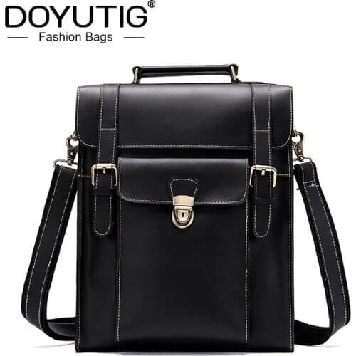 DOYUTIG Mens Vintage Crazy Horse Leather Bag Male Shoulder Bag Multi-Functional Student Bag Real Cow Leather Knapsack H083