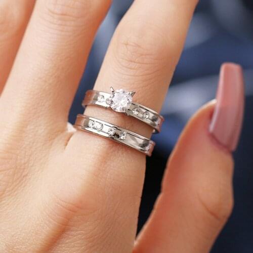 CACANA Stainless Steel Wedding Ring For Lovers IP SILVER Color Crystal CZ Couple Rings Set Men Women Engagement Wedding Rings