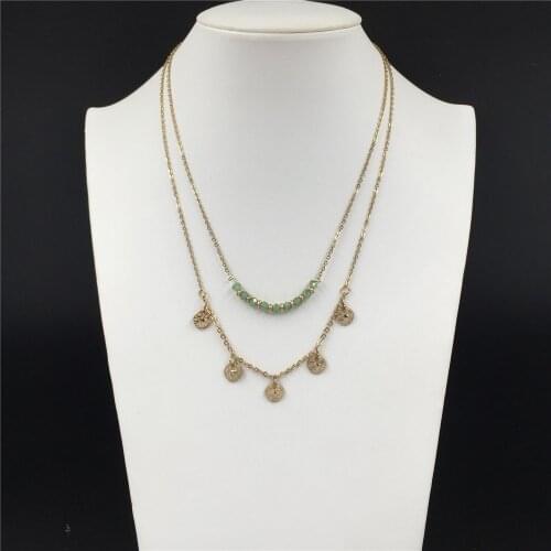 Elegant Gold Color Plating Small Round Disc Decorated Charm Green Bead Strand Layered Necklace For Women Gorgeous Jewelry Access