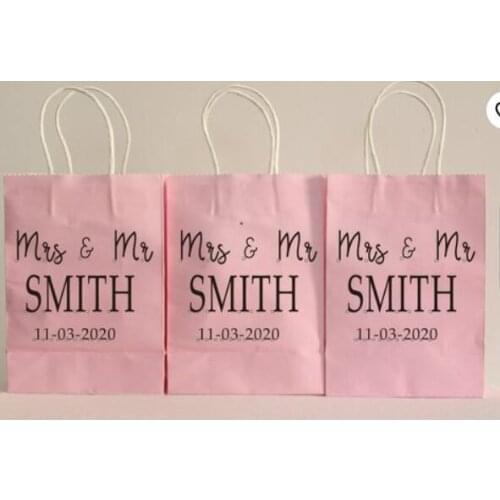 Personalized mr&mrs name date wedding bridesmaid maid of honor thank you gift bags, pink gift bags/bridesmaid proposal gift bags