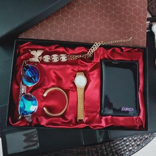 Luxury Watches Set Women Diamond Rhinestone Quartz Watch Necklace Bracelets Sunglasses Wallet Wirstwatch Gifts sets For Women