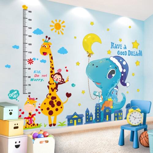 [SHIJUEHEZI] Cartoon Dinosaur Animals Wall Stickers DIY Giraffe Height Measure Wall Decals for Kids Room Baby Bedroom Decoration