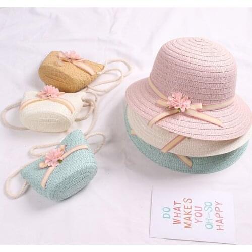 Baby Girls Straw Sun Visor Hat with Zipper Shoulder Bag Floral Bowknot Beach Hat