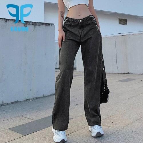 FAVRE Womens Jeans Cross Side Chains Hollow Out Women Straight Jeans High Waist Streetwear Denim Pants Sexy Street Style Jeans