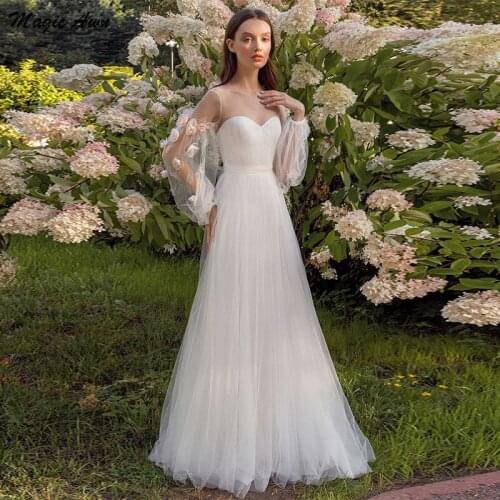 Magic Awn New Full Puff Sleeve Wedding Dresses Beach Handmade Flowers Boho Illusion A-Line Wedding Party Dress Vestidos Novia