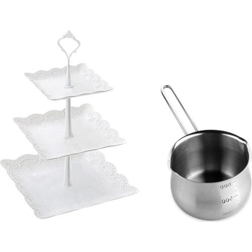 1Pcs Non-Stick Pan Milk Pot Heating Pot with Pour Spouts & 1Pcs 3 Tier Cupcake Display Stand Dessert Tower Fruit Tray
