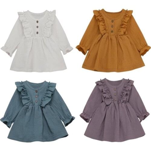 2020 New 1-6Y Toddler Kids Baby Girl Autumn Dress Ruffles Long Sleeve Solid Cotton Linen Party Casual Dress Clothes