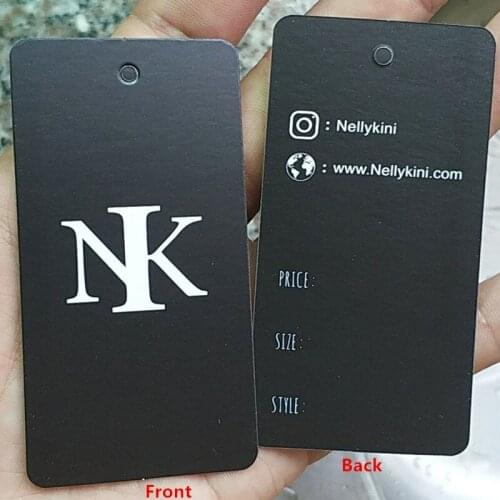 4000pcs , 4.3 * 8.5 cm Custom 400GSM matte black coated paper tags clothing Swing hang tag