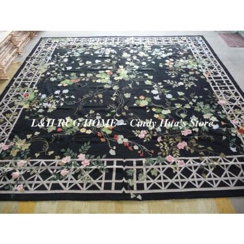 Free shipping 13'x13' square handmade needlepoint woolen carpets, big rugs for home decoration black field, aubusson design