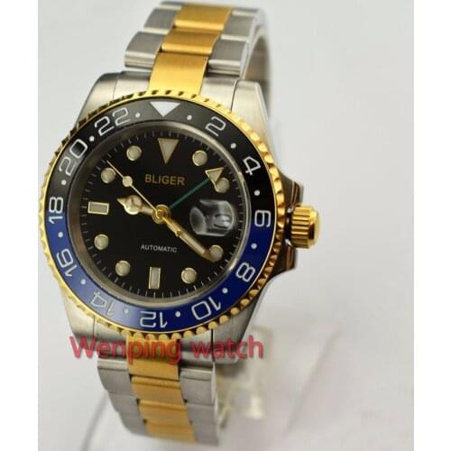 Bliger watches 40mm black dial Sapphire glass Ceramic Bezel Green GMT Automatic Men watch Automatisch herenhorloge W2422-14