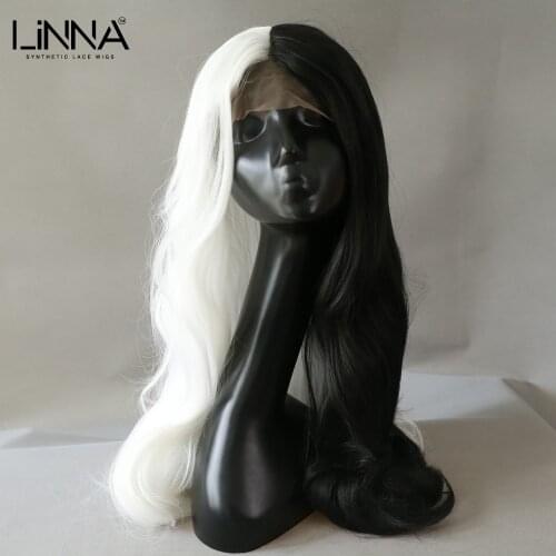 LINNA Long Wavy Synthetic Lace Front 28 Inch Wigs Black And White Part Lace Wig For Women High Density Temperature Cosplay Wig