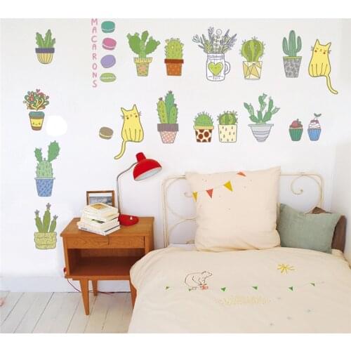Cactus Flowerpot Wall Stickers For Bedroom Living Room Home Decoration Diy Pastoral Style Mural Art Diy Cat Decal Plant Posters