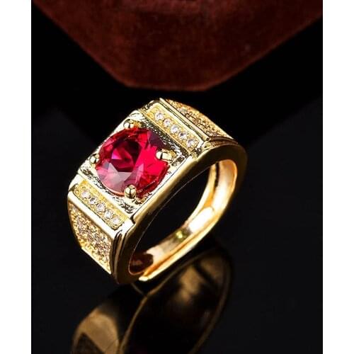 Elegant Rose Red Round Zircon Rings For Men Vintage Fashion Yellow Gold Opening Adjustable Ring Male Luxury Jewelry Wedding Gift