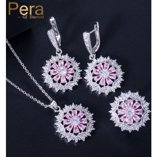 Pera Sweet Snowflake Shape Pink Sapphire Crystal Topaz Jewelry Set for Women Fashion CZ Pendant Necklace Earrings Ring Sets J160