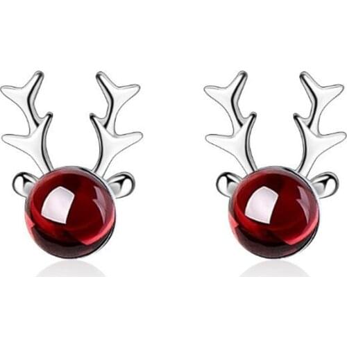 Small Fresh Beautiful Fashion 925 Sterling Silver Jewelry Pomegranate Red Sweet Antler Elk Crystal Deer Stud Earrings SE624