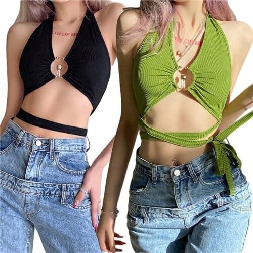 2021 Fashion Trend Women’s Solid Color Vest Sexy Hollow Bandage Exposed Navel Halter Camisole V Neck Sexy Skinny Tanks Sun-Tops