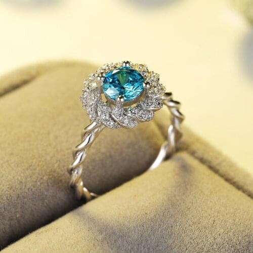 Fashion Simple Rotating Flower Ring Blue Zircon Silver Plated Ring Bridal Engagement Party Wedding Ring Jewelry Size Us6-9