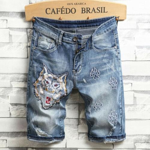 Mens Summer Denim Shorts Wolf Head Embroidery Print Distressed Ripped Jeans