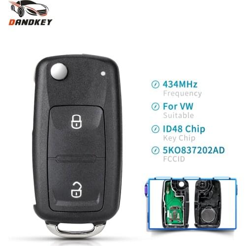 Dandkey Flip Remote Car Key 5K0837202AD 433MHz ID48 Chip For VW Volkswagen GOLF PASSAT Tiguan Polo Jetta Beetle 5K0 837 202AD