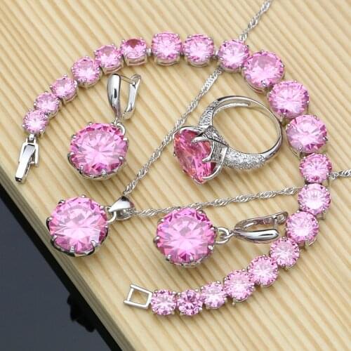 Silver 925 Jewelry Big Pink Cubic Zirconia Costume Jewelry Sets For Women Earrings With Stones Ring Necklace Set Dropshipping