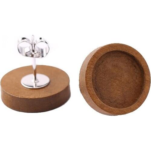 Onwear 5pairs 12mm brown wood cabochon stud earring base blanks diy stainless steel post earrings findings for jewelry making
