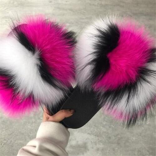 Wholesale Womens Real Fox Fur Slides Luxury Fluffy Slippers Girls Furry Flip Flops Designer Plush Sandals Female Fur Shoes New