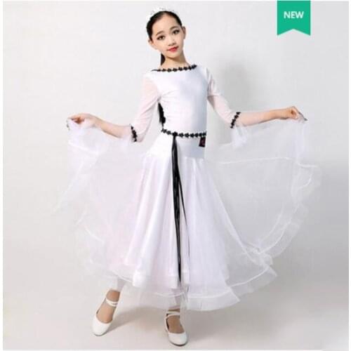 Standard Ballroom Dance Dresses Children White Long Sleeve Waltz Competition Dancing Skirt Girls Classical Dance Dress