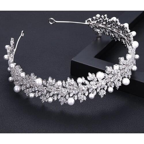 Accking luxury leaves Wedding Bridal pearl Cubic Zirconia white plated zircon tiara headband For women girl party