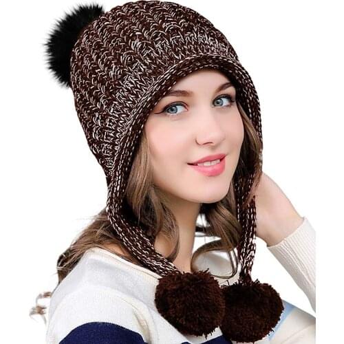 Women And Girls Winter Beanie Hat Warm Fleece Lined Pom Knit Hat Outdoor Skull Cap