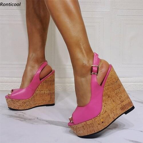 Ronticool New Fashion Women Mules Sandals Cork Wedges Heel Open Toe Fuchsia White Gold Party Shoes Women US Plus Size 5-20